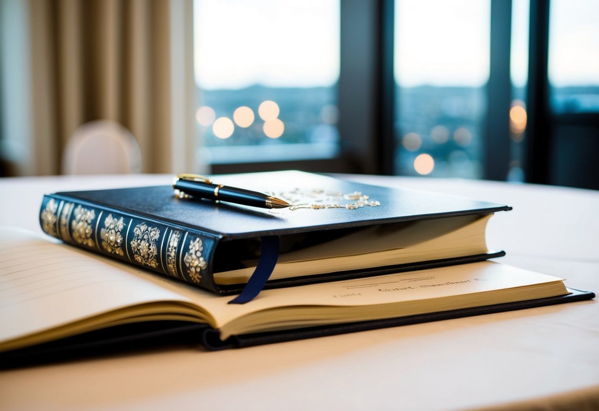 A decorative wedding register book open on a table, with a pen resting on top, ready to be signed