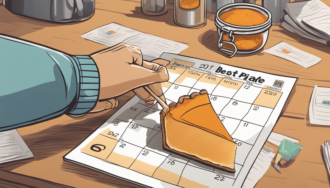 A hand reaching for a jar of pumpkin pie spice with a "best by" date passed, while a calendar in the background shows the current date