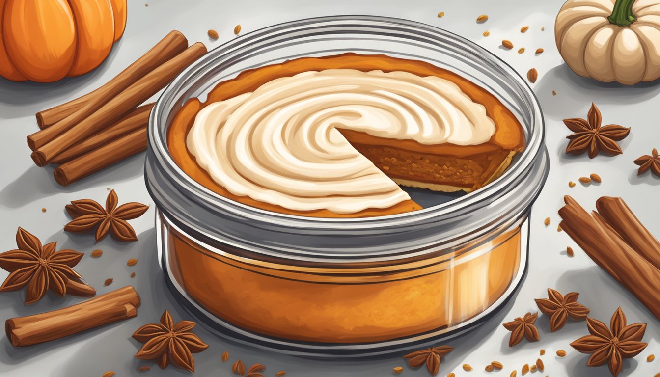 A jar of expired pumpkin pie spice sits next to a freshly baked pumpkin pie, with a cloud of fragrant spices swirling in the air