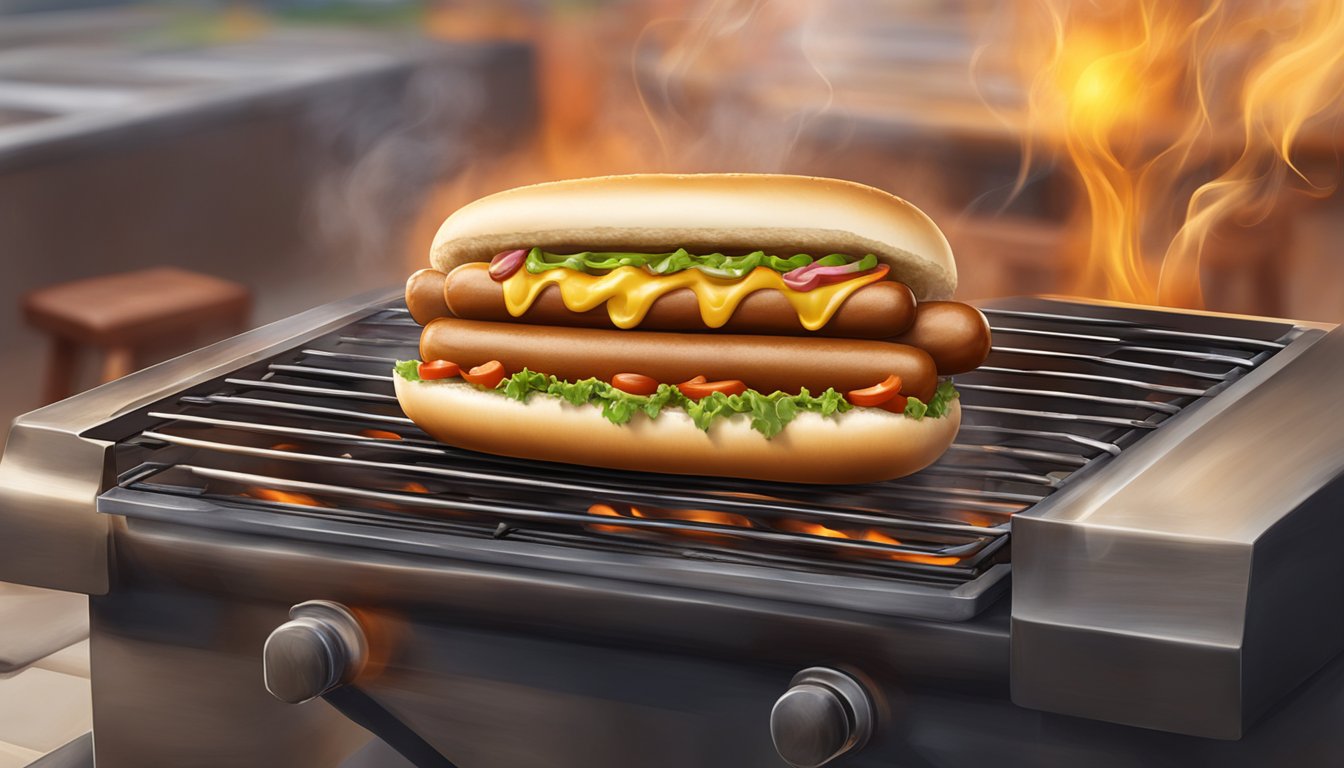 A sizzling hot dog on a grill, with steam rising and a golden brown bun next to it