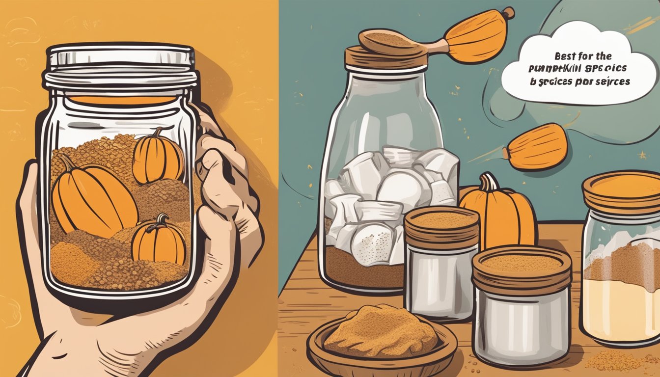 A hand reaching for a jar of pumpkin pie spice with a "best by" date passed, while a thought bubble shows various uses for expired spices