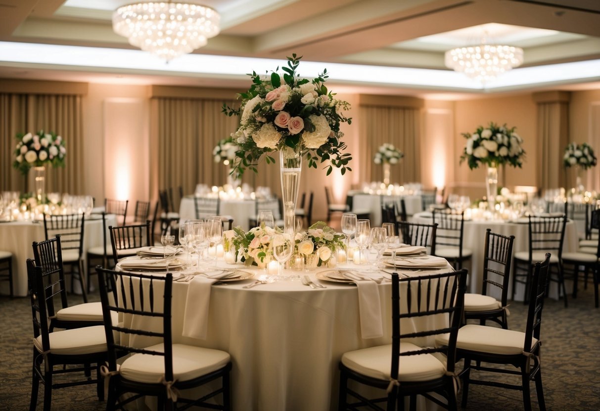 A beautifully decorated wedding reception venue with elegant table settings, floral centerpieces, and ambient lighting, indicating a sophisticated and romantic event