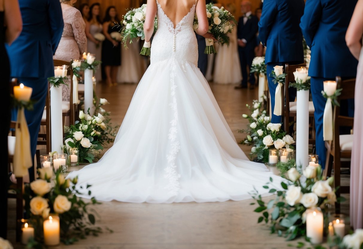 A bride's dress train flows behind her as she walks down the aisle, surrounded by flowers and candles
