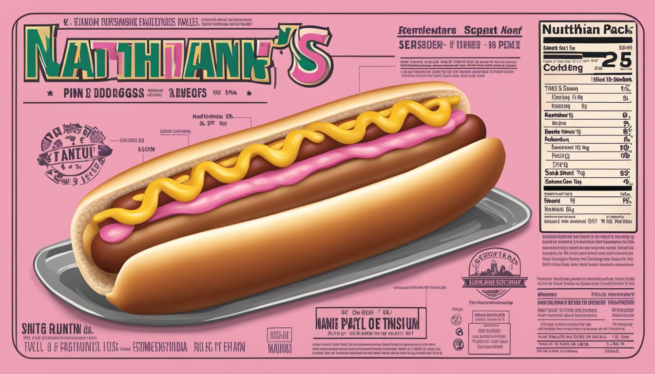 A pack of pink Nathan's Famous hot dogs with a nutritional label and ingredients list displayed next to it