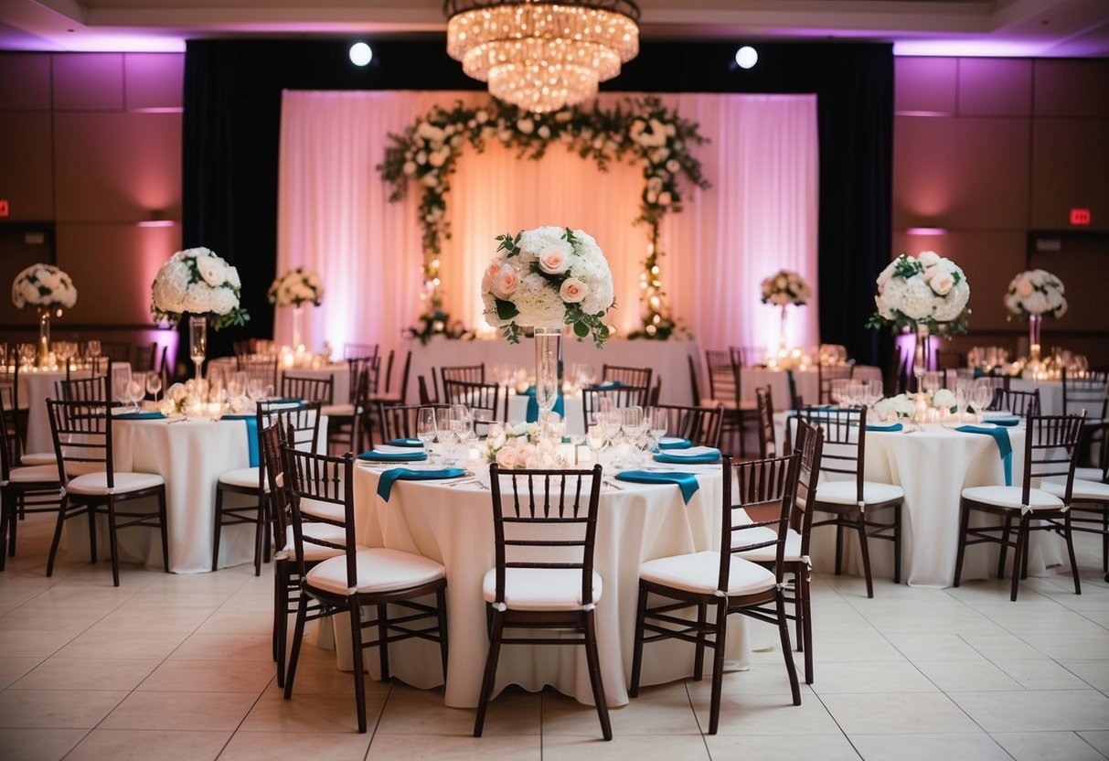 A festive wedding reception with decorations, tables, and chairs arranged for dining and dancing, with a beautiful backdrop and ambient lighting