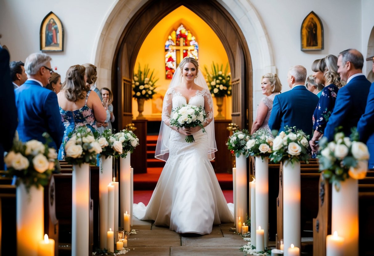 A bride stands at the entrance of a church, surrounded by flowers and candles. The sound of music fills the air as she begins her walk down the aisle