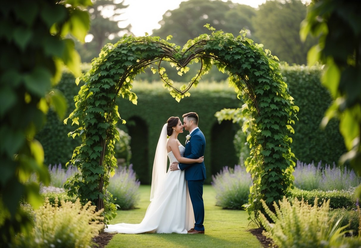 A secret wedding in a secluded garden, with two intertwined vines forming a heart shape above an archway