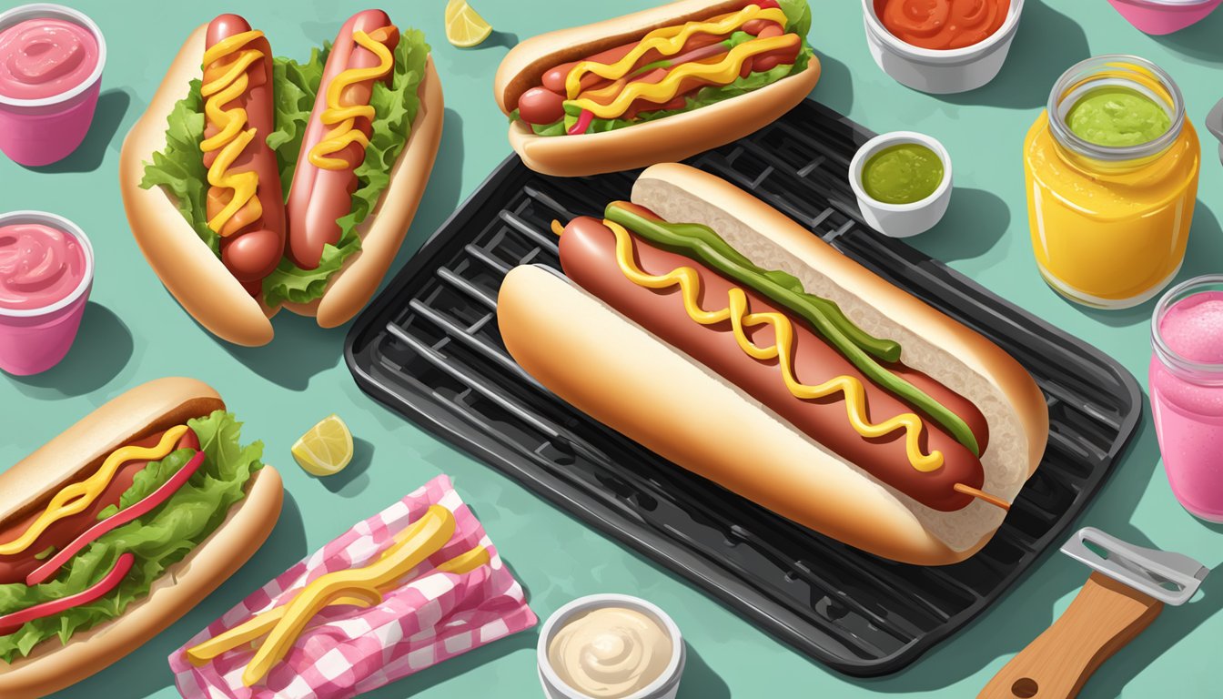 A sizzling pink Nathan's hot dog on a clean grill, surrounded by condiments and cooking utensils