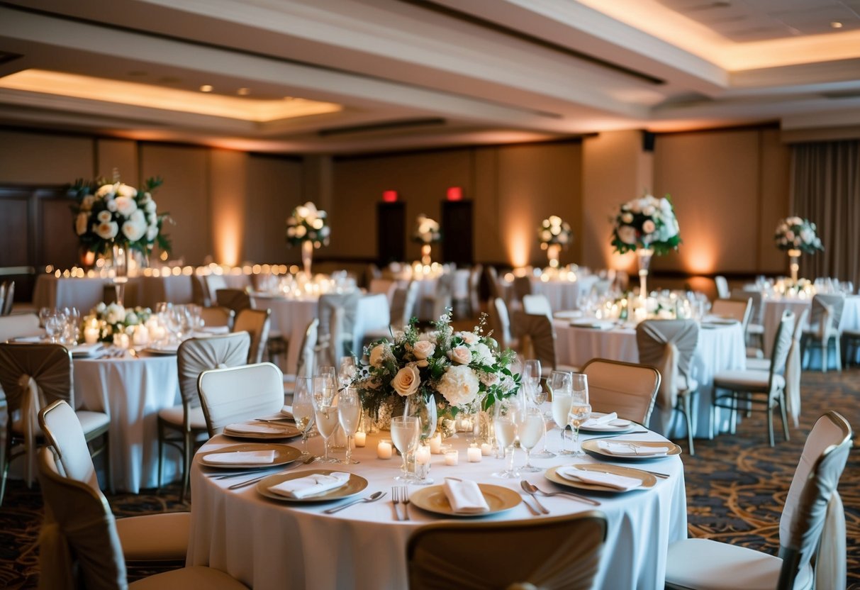A beautifully decorated wedding reception venue with elegant table settings, floral centerpieces, and ambient lighting, creating a warm and inviting atmosphere for guests to enjoy