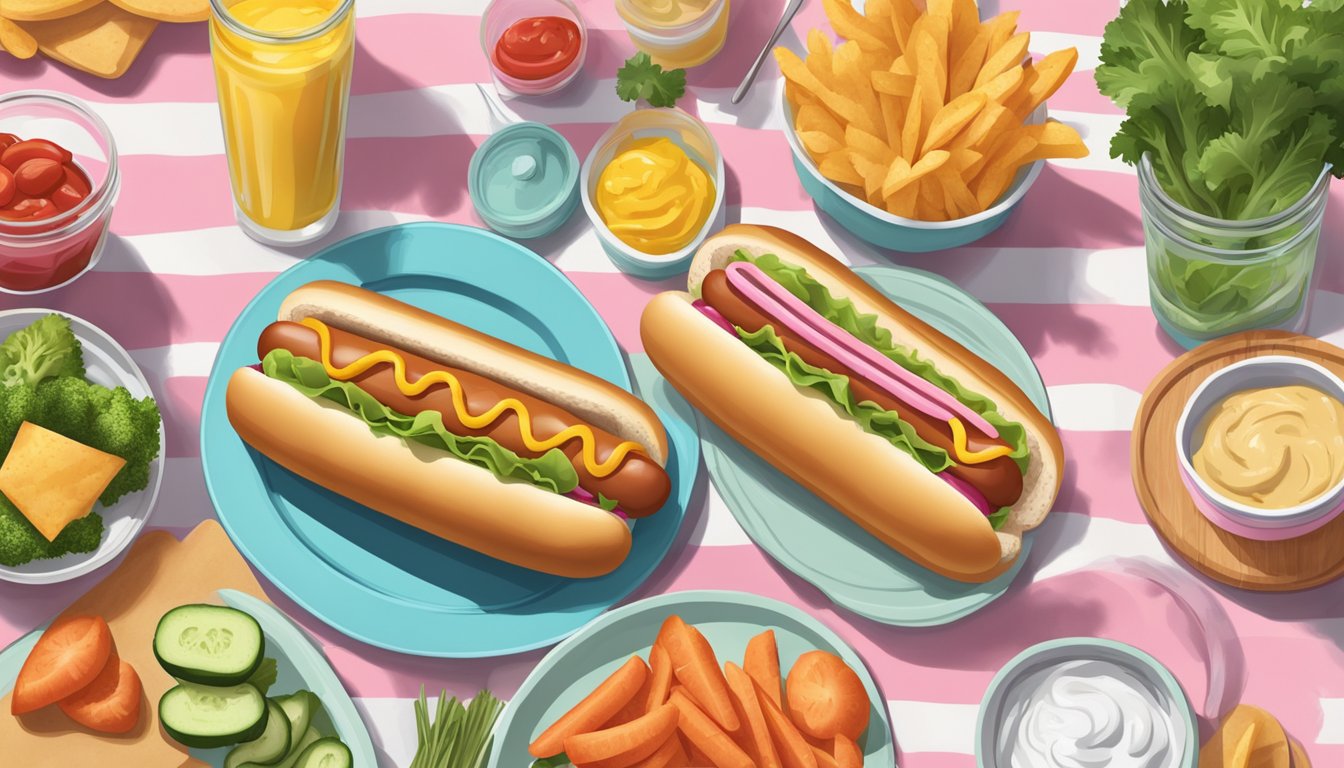 A picnic spread with a pink Nathan's Famous hot dog on a bun, surrounded by fresh vegetables and condiments