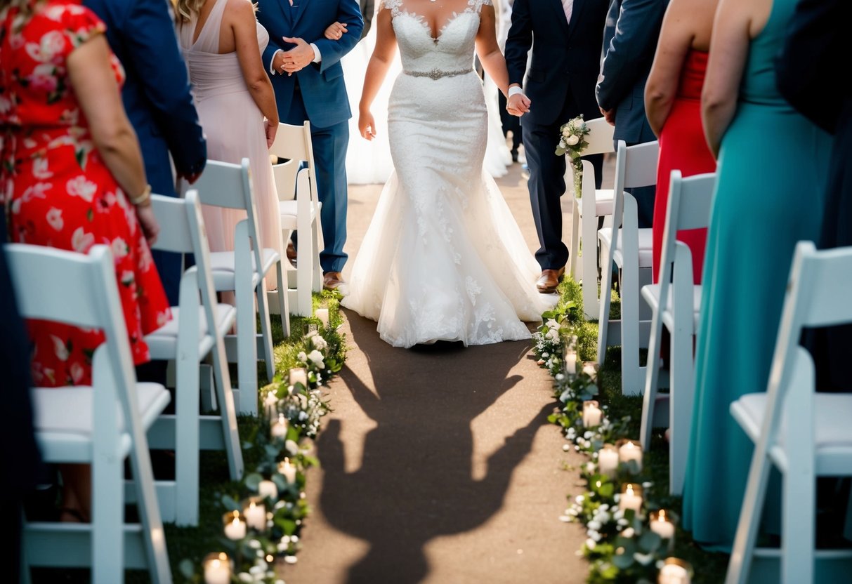 A bride's shadow walks down the aisle, her song filling the air, as guests turn to watch her entrance