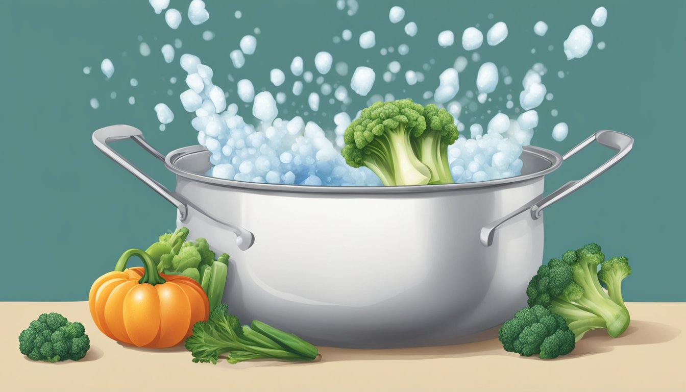 A pot of boiling water with frozen vegetables being dropped in