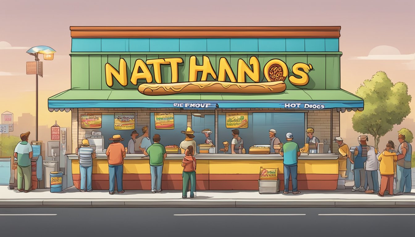 A colorful hot dog stand with a large sign reading "Nathan's Famous." Customers line up to order hot dogs from the vendor