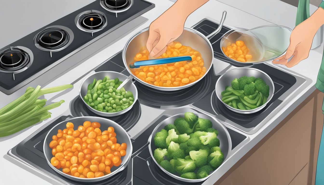 A person cooking frozen vegetables on a stovetop, with a thermometer checking the temperature for safety