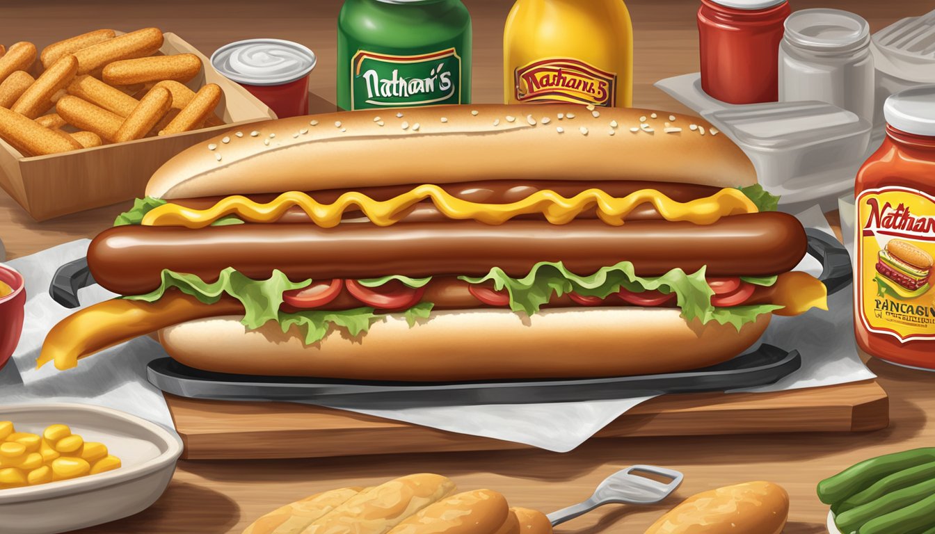 A sizzling hot dog on a grill, surrounded by condiments and buns. A sign with the Nathan's Famous logo in the background