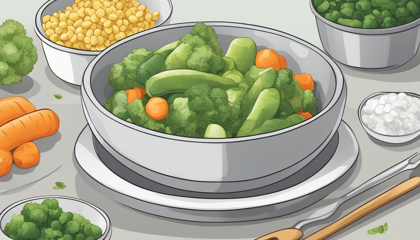 A steaming bowl of partially cooked frozen vegetables with a warning label