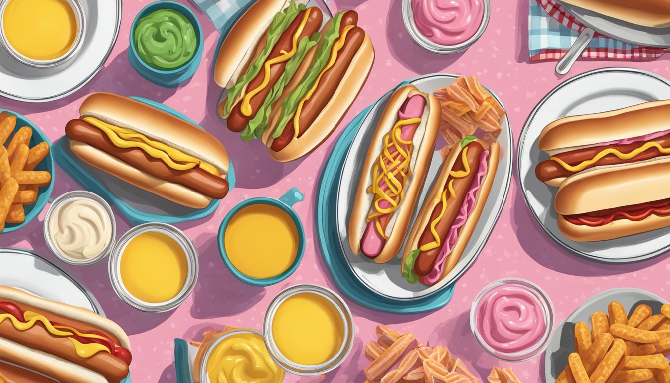 A picnic table with a spread of condiments and hot dog buns, with a plate of pink Nathan's Famous hot dogs in the center