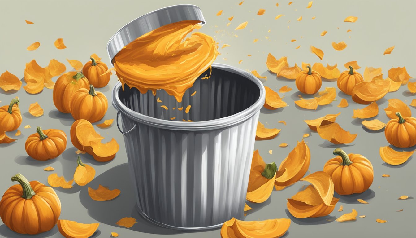 A jar of expired pumpkin puree being thrown into a trash can