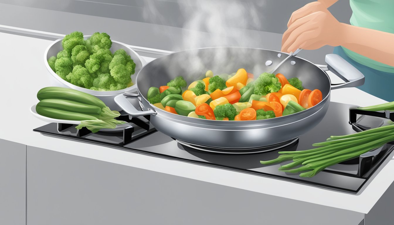 A person cooking frozen vegetables in a pot on the stove