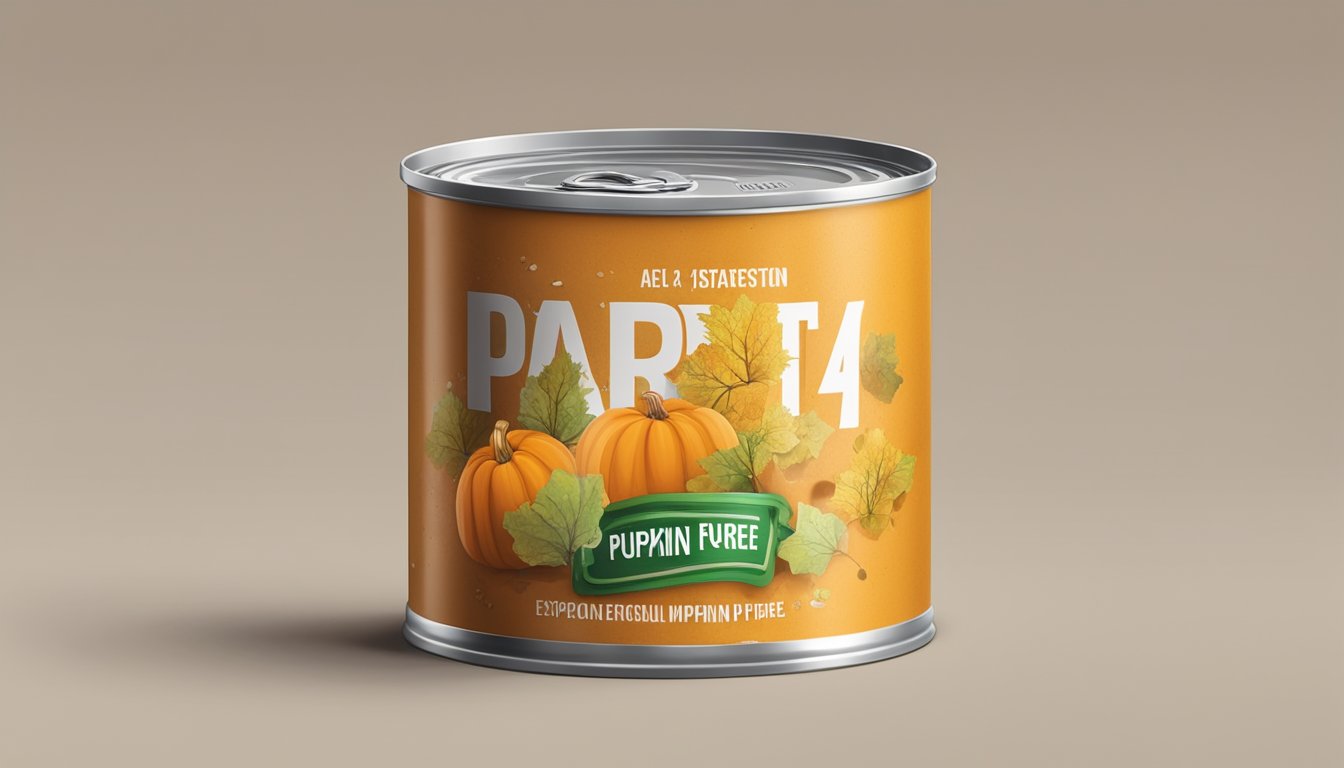 A can of expired pumpkin puree with a visible expiration date, surrounded by mold and bacteria, sitting on a kitchen counter