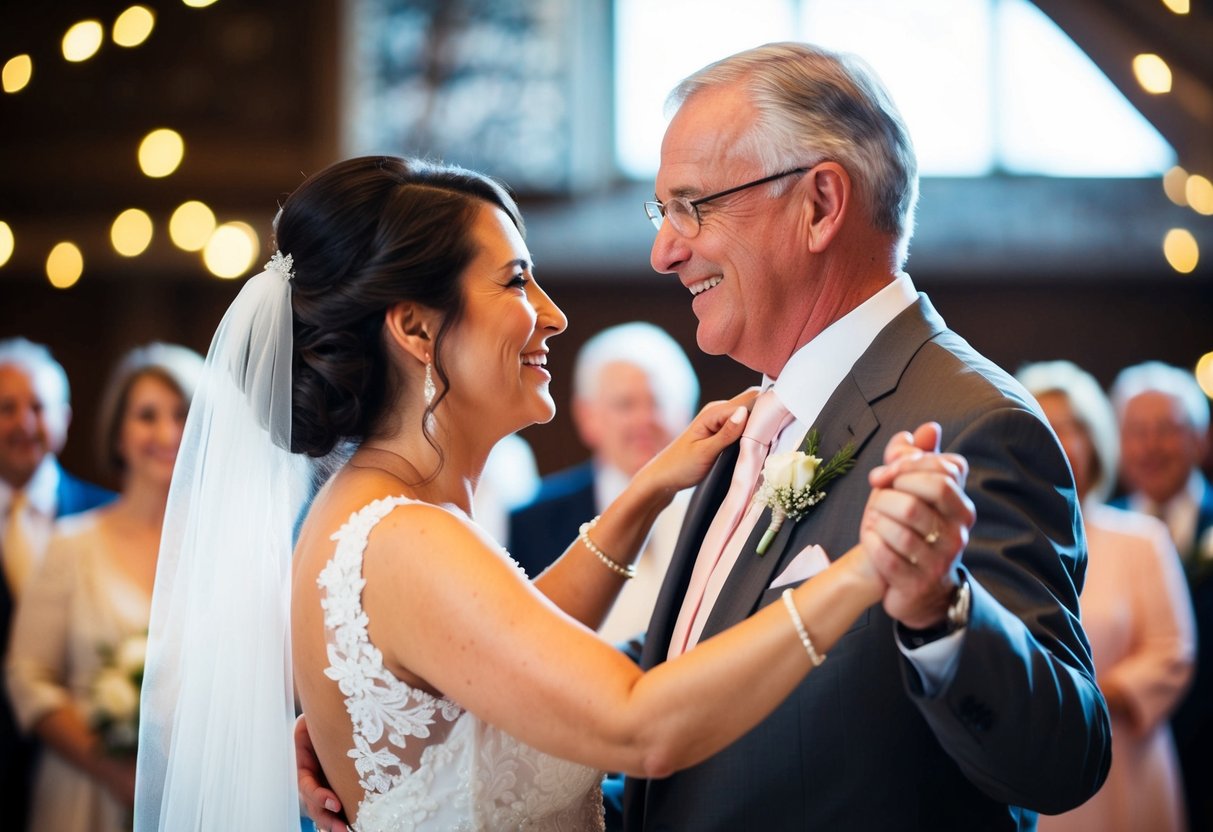 The bride's parents dance together, smiling and gazing into each other's eyes