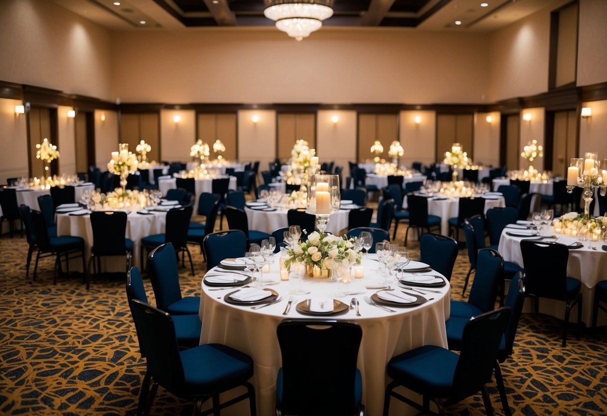 A banquet hall filled with tables set for 100 guests, adorned with elegant centerpieces and flickering candlelight