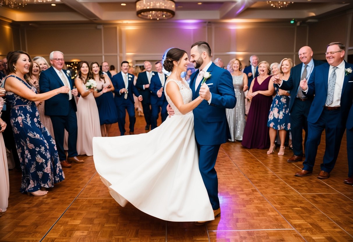 A couple gracefully twirls on the dance floor, surrounded by joyful guests