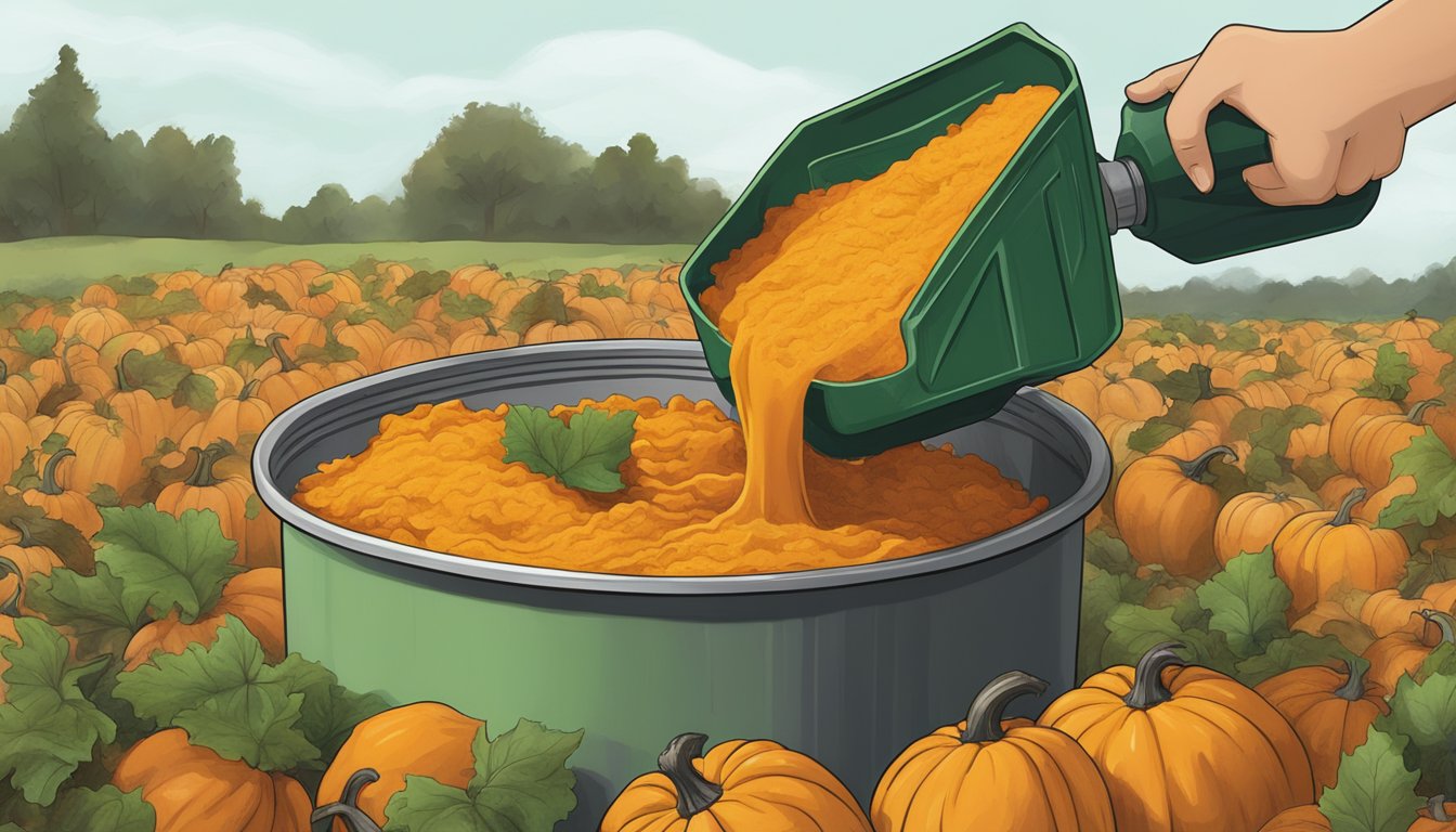 A bowl of expired pumpkin puree being poured into a compost bin