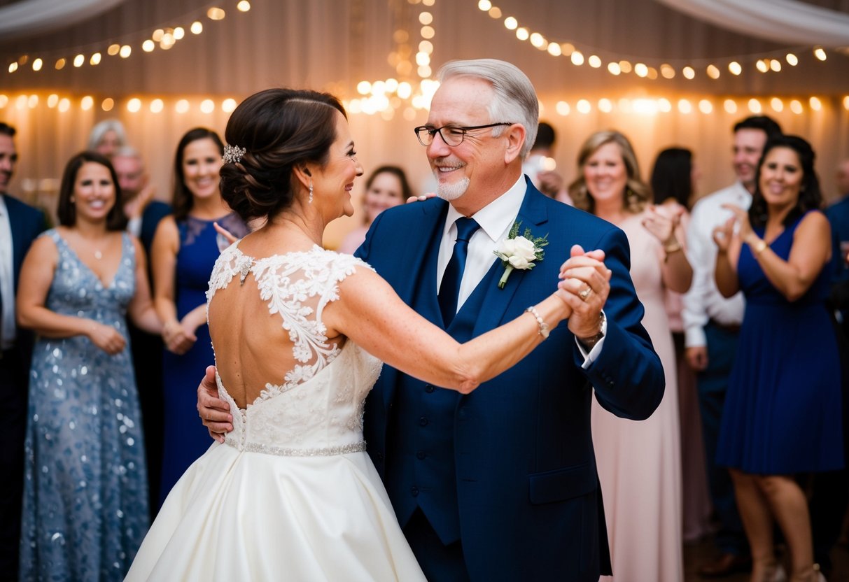 The mother and father of the bride dance together at the wedding reception, surrounded by joyful guests and twinkling lights