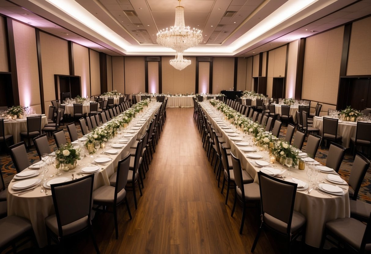A banquet hall with long tables set for a large gathering, complete with elegant place settings and a spacious dance floor