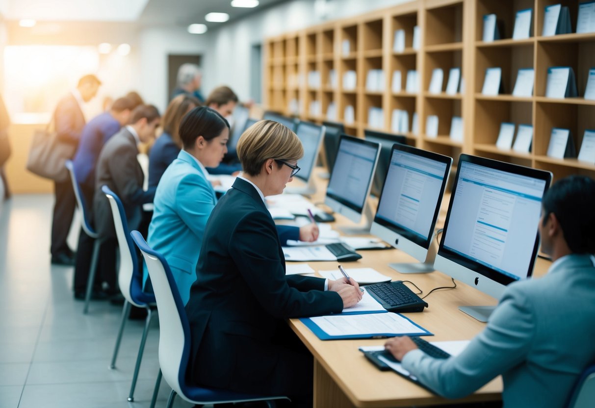 People queue at desks, filling out forms and handing over documents. Clerks type at computers, filing paperwork in shelves