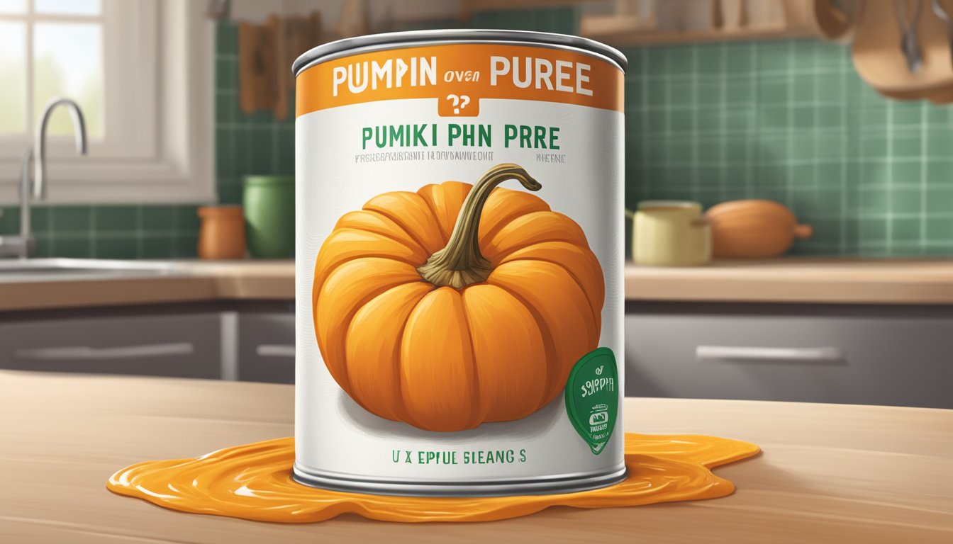 A can of expired pumpkin puree sitting on a kitchen counter, with a visible expiration date and a question mark above it