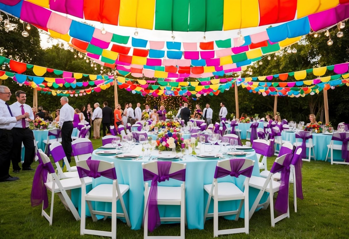 A festive outdoor wedding with colorful decorations and seating for 100 guests
