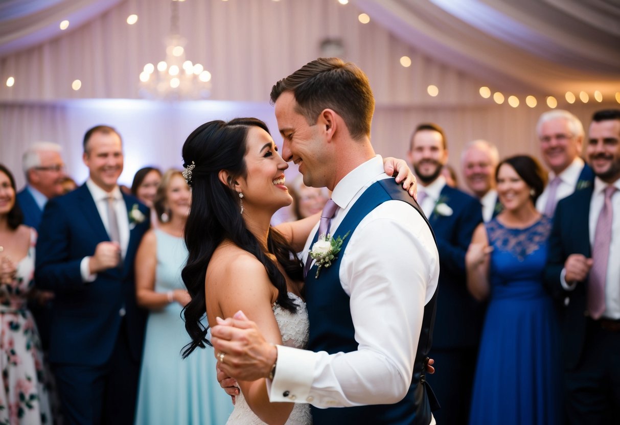 A couple dances close together, smiling and gazing into each other's eyes, surrounded by joyful wedding guests