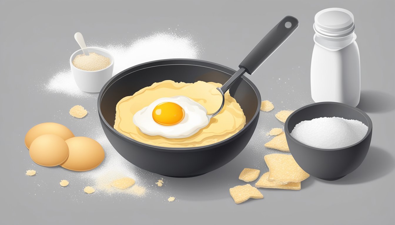 A bowl of dry pancake mix with a cracked egg next to it, surrounded by spilled flour and a measuring cup