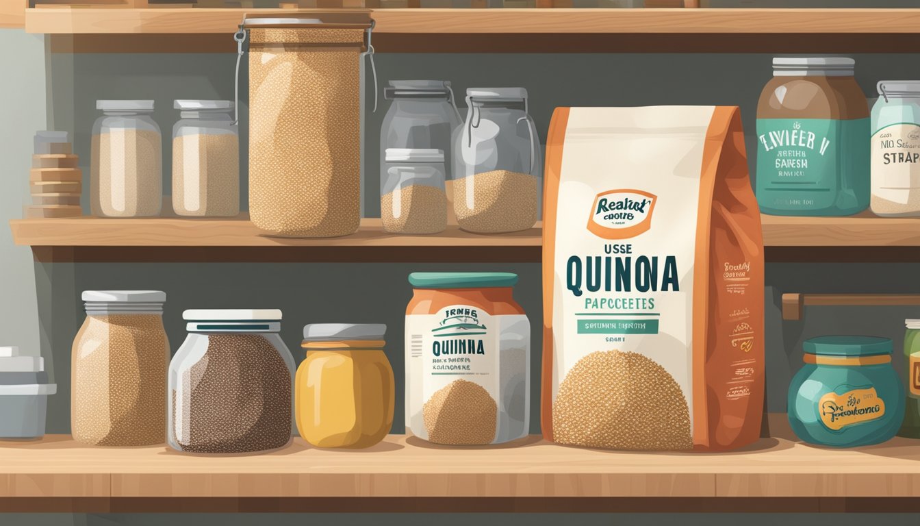 A bag of expired quinoa with a "use by" date passed, sitting on a kitchen shelf next to other pantry staples