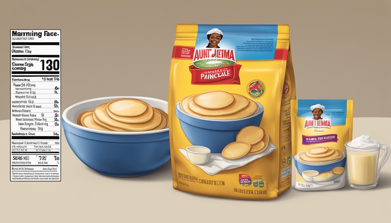 Aunt Jemima pancake mix bag with a warning label, measuring cup, and a bowl of mixed batter