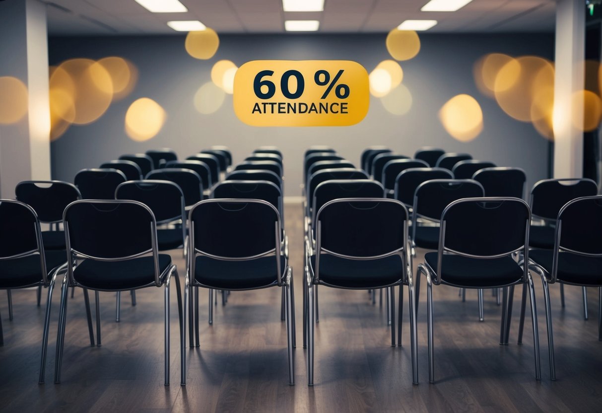 A room with empty and filled chairs, representing a 60% attendance rate at a party