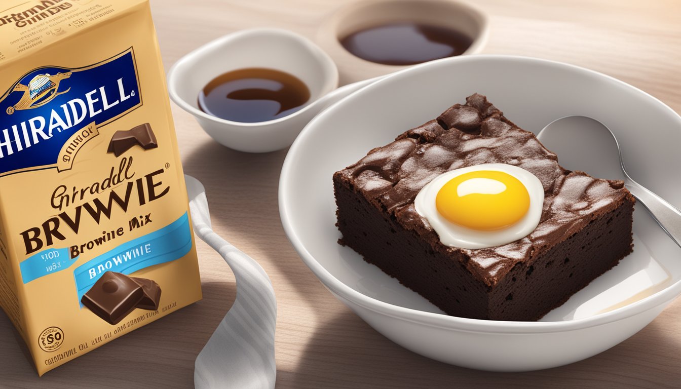 A bowl of Ghirardelli brownie mix with eggs and oil nearby