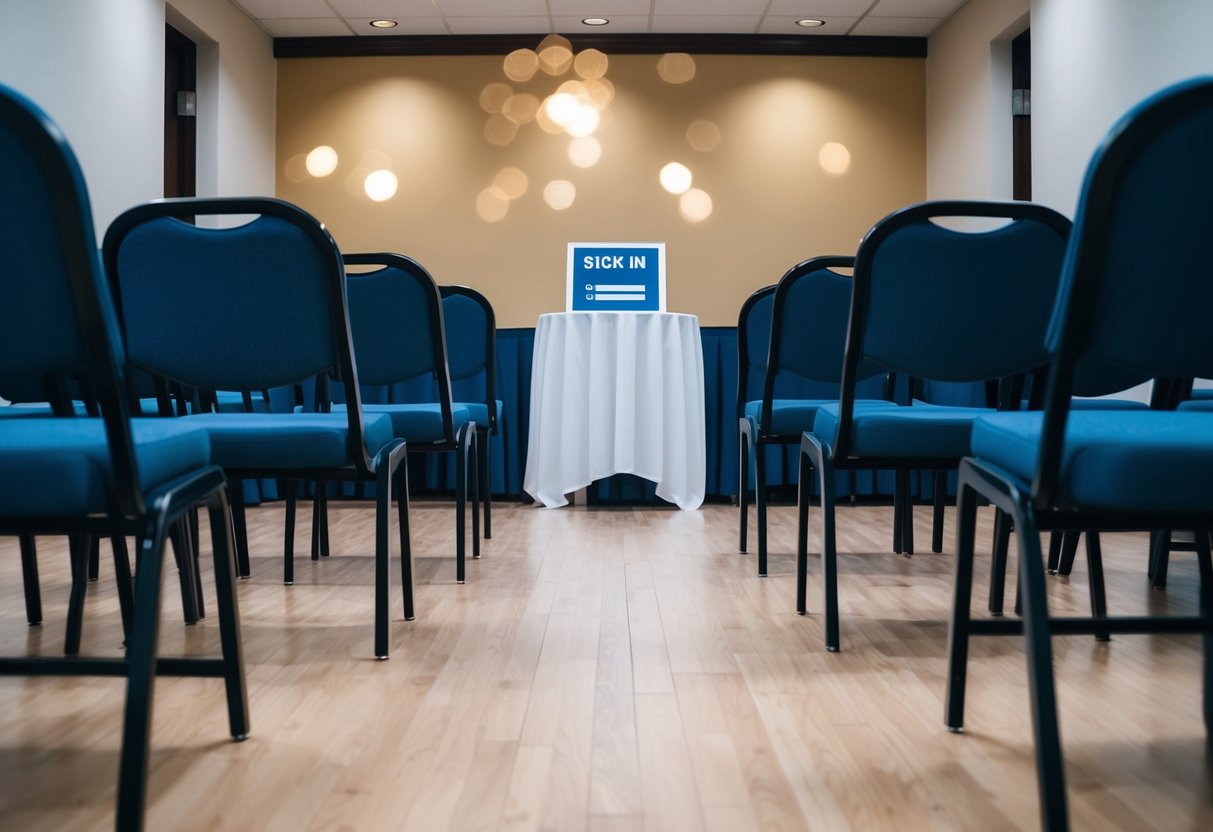 A room with empty chairs and filled chairs, with a sign-in table at the entrance