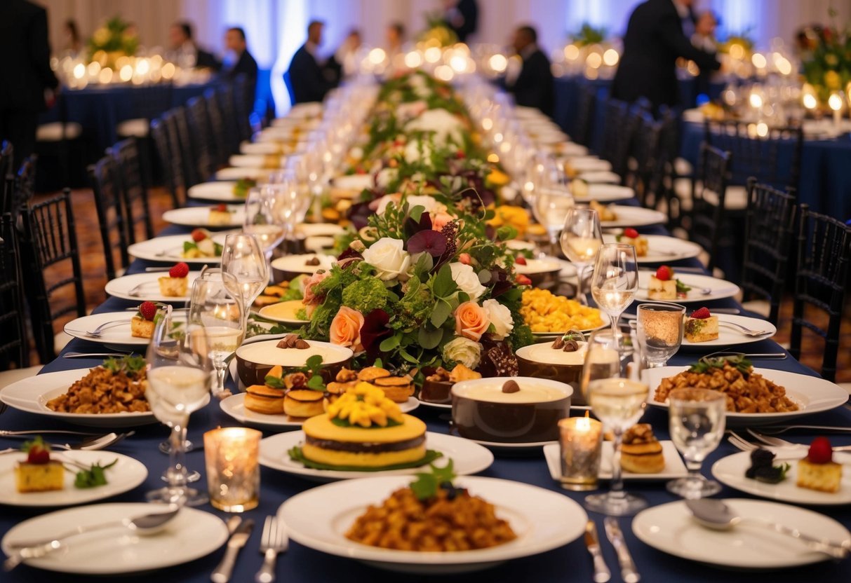 The banquet table overflows with an abundance of gourmet dishes and decadent desserts, surrounded by elegant place settings and sparkling glassware