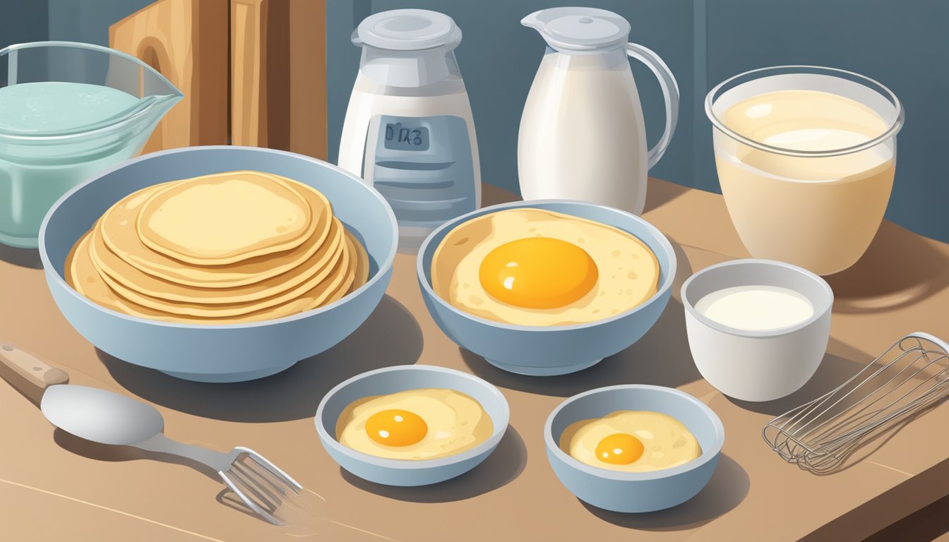 A bowl of pancake mix sits on a kitchen counter, surrounded by ingredients like eggs and milk. A whisk and measuring cups are nearby