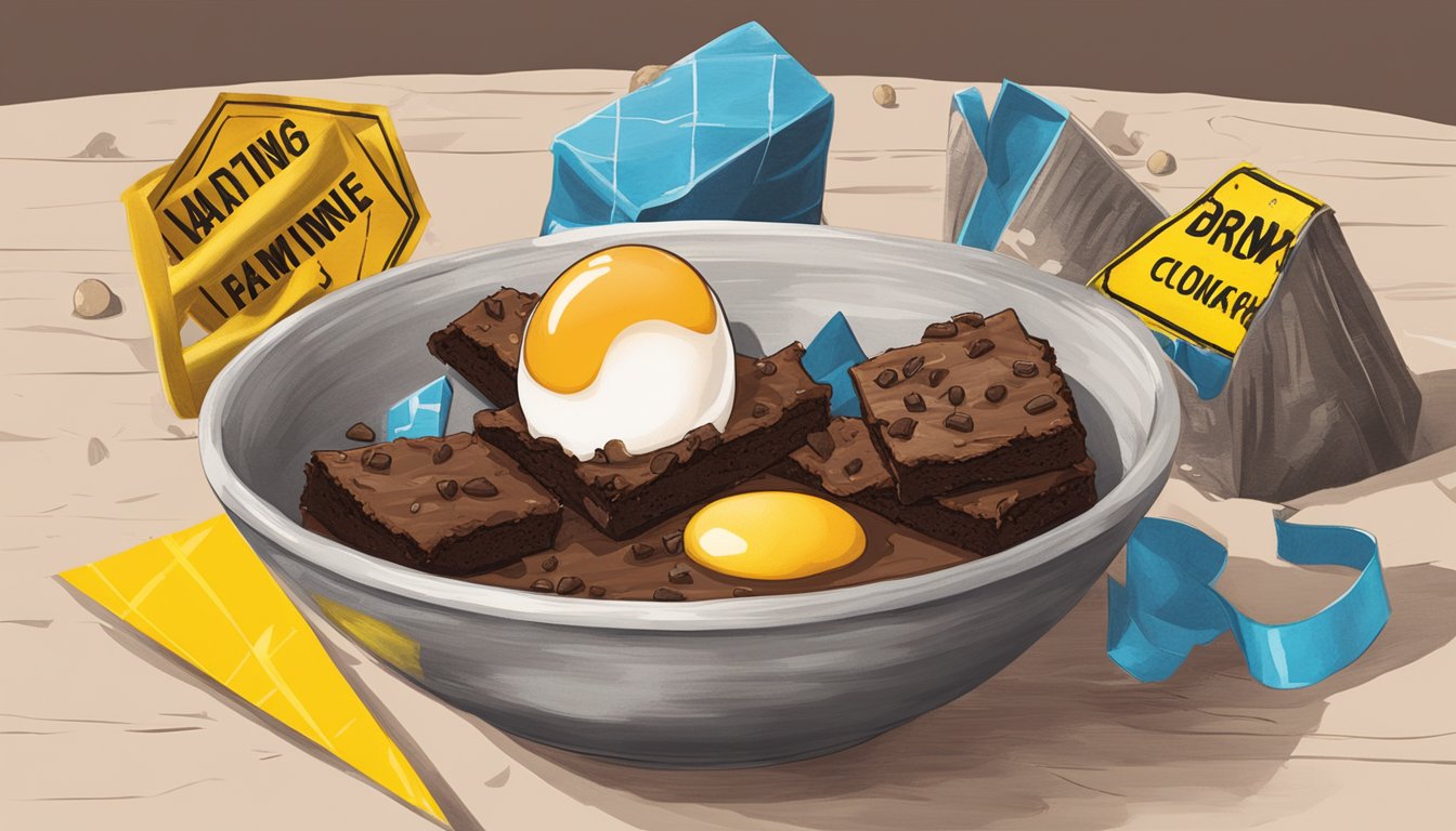 A bowl of dry brownie mix with a cracked egg beside it, surrounded by warning signs and caution tape