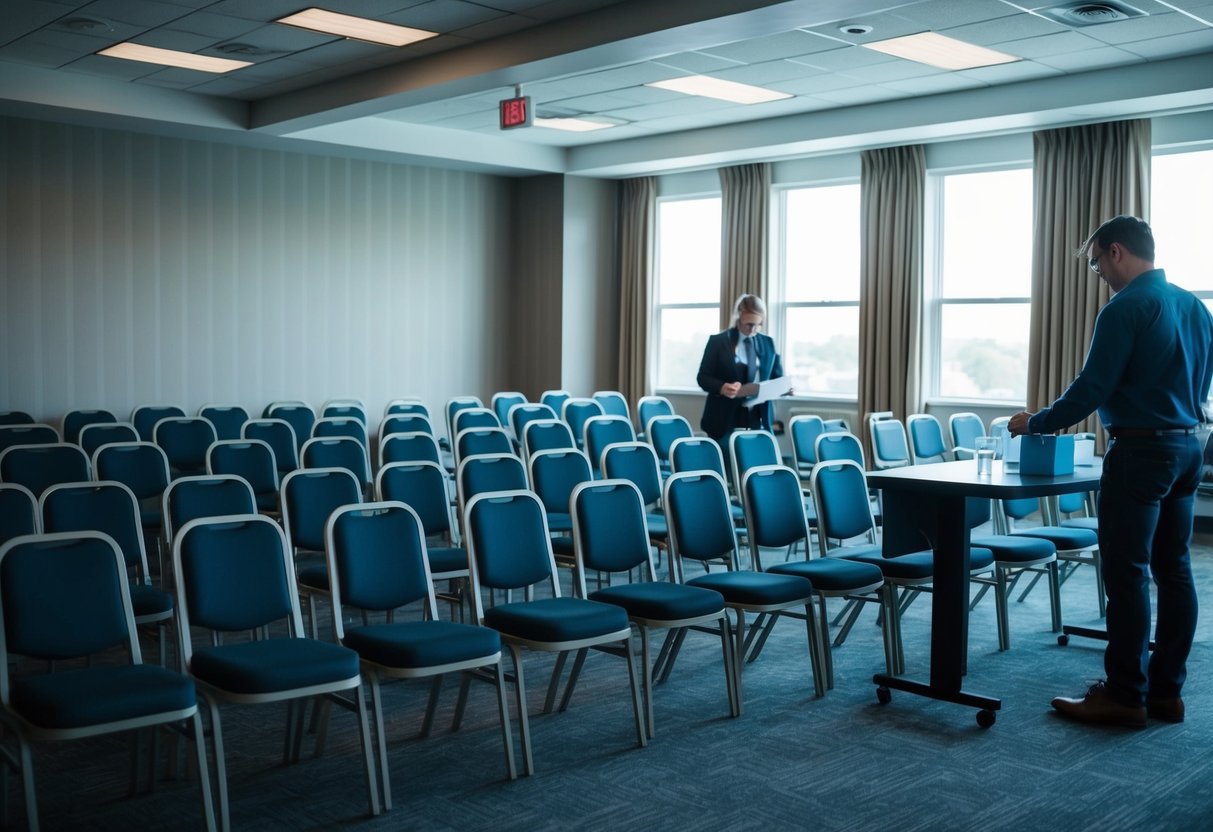 A room with rows of empty and occupied chairs, a sign-in table, and a person counting attendees