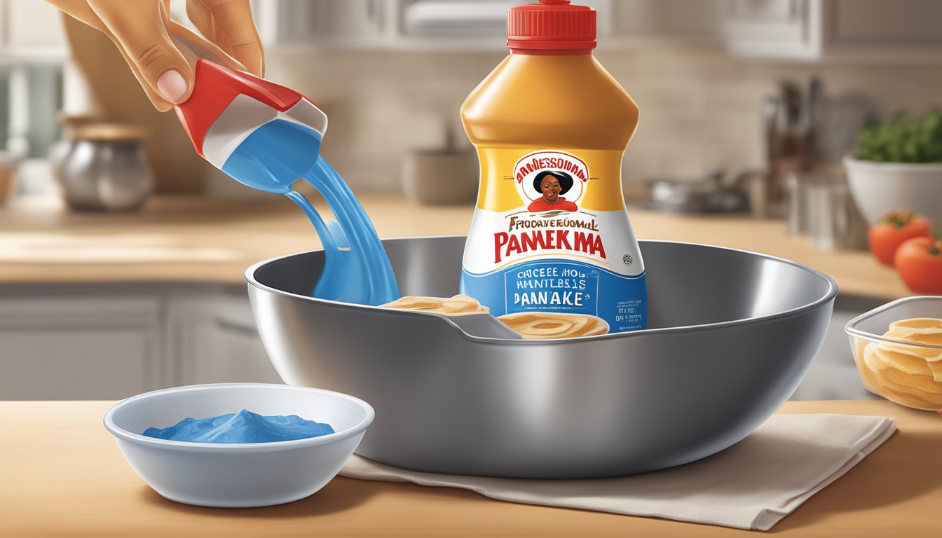 Aunt Jemima pancake mix pouring into a mixing bowl