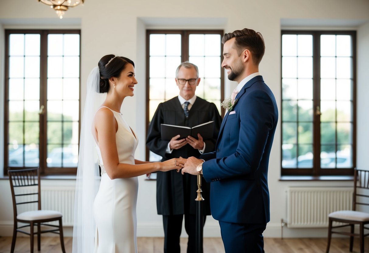 A couple stands before a registrar in a simple, elegant room with large windows, exchanging vows and rings