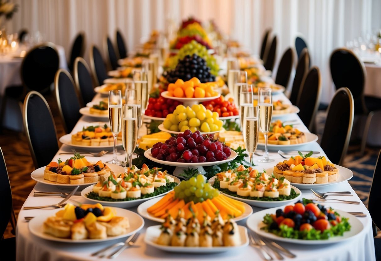 A banquet table overflowing with a variety of food and beverages, including elegant platters of hors d'oeuvres, colorful fruit displays, and champagne flutes