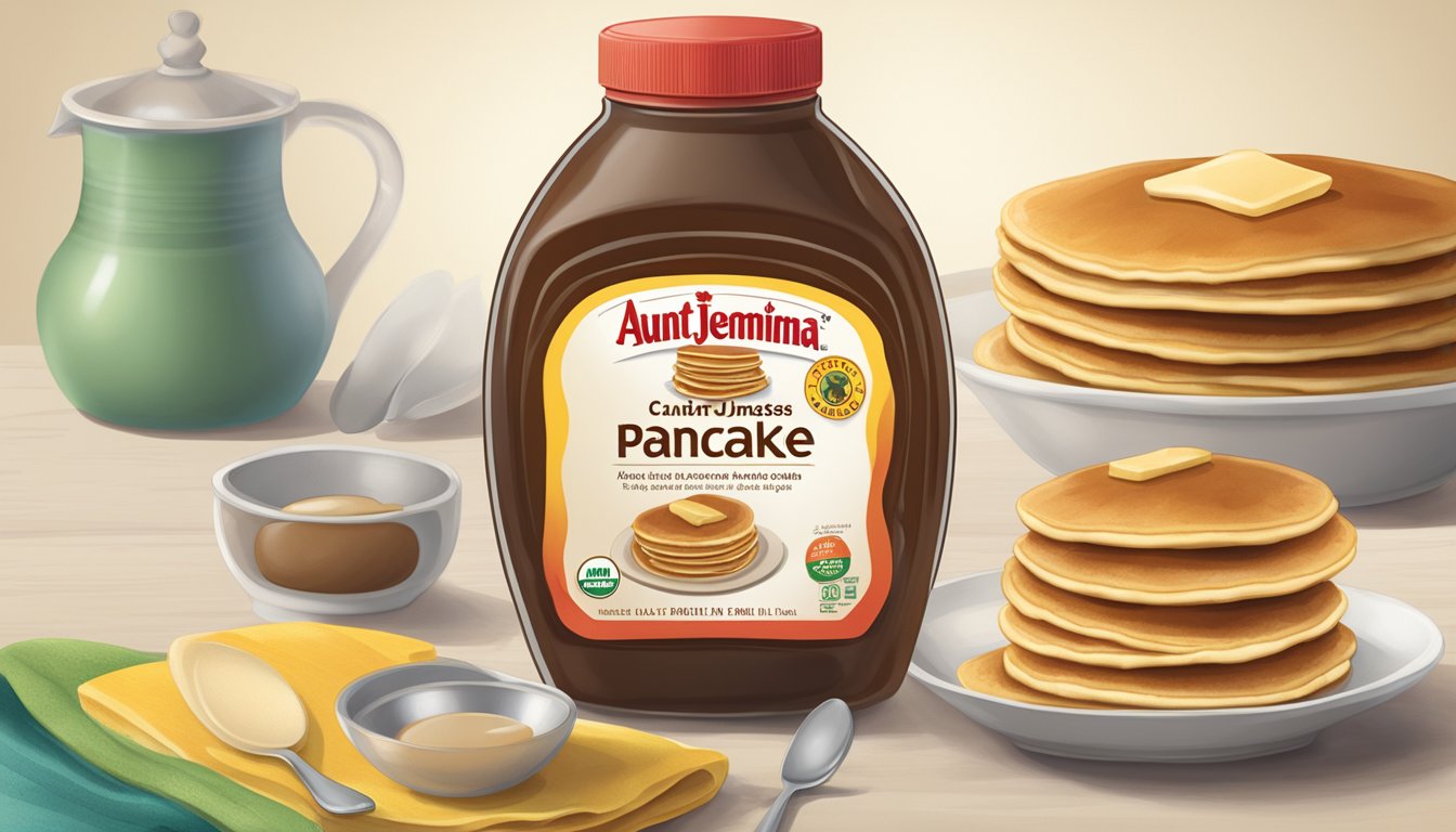 Aunt Jemima pancake mix and a warning label with a crossed-out raw pancake