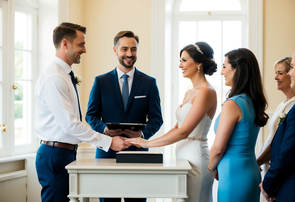 A couple stands in front of a registrar at a simple, elegant desk in a small, bright room. The registrar smiles as they exchange vows, surrounded by a few close friends and family members