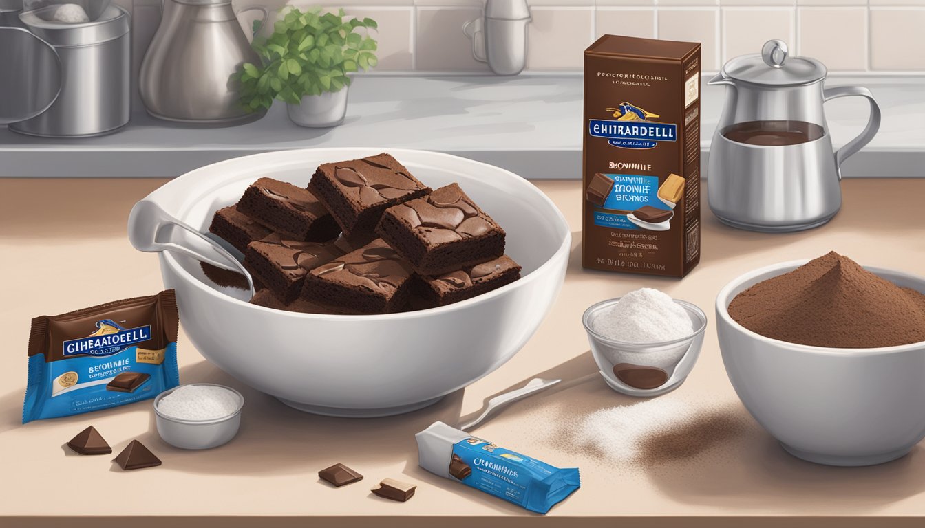 A bowl of Ghirardelli brownie mix sits on a clean kitchen counter, surrounded by measuring cups and a whisk. The box is open, and a cloud of cocoa powder hangs in the air